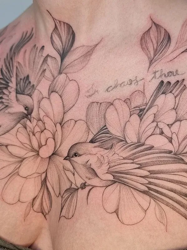 female black and grey fineline 纹身 在 chest #58712 | 纹身师 Karol Dias