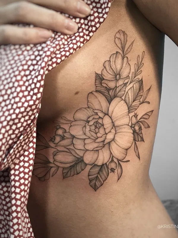 female black and grey fineline татуировка на ribcage #42664 | Тату мастер Кристина Мицкуте
