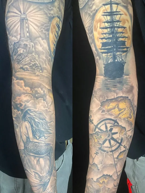black and grey realism татуировка на full sleeve #74332 | Тату мастер Sean Ambrose