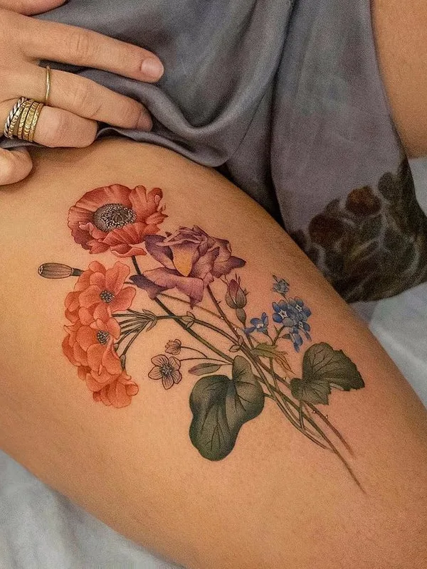 female color botanic 纹身 在 thigh #44227 | 纹身师 Qiqi