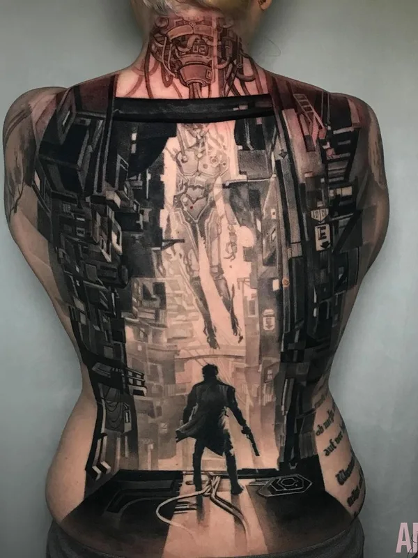female black and grey black and grey tatuaje en full back #44252 | Tatuador Lisa Ammer
