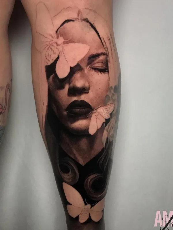female black and grey realism tatuaje en calf #44255 | Tatuador Lisa Ammer