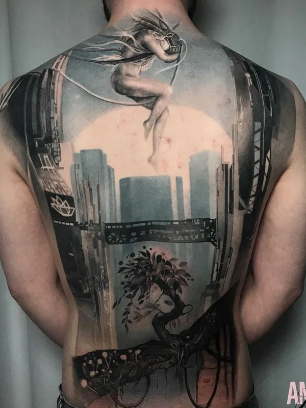 male black and grey realism tatuaje en full back #44257 | Tatuador Lisa Ammer
