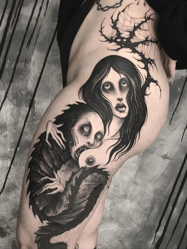 female black blackwork татуировка на thigh #50181 | Тату мастер Maldenti
