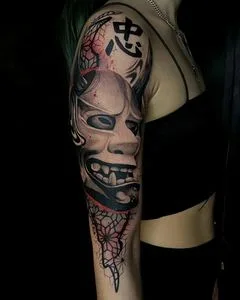 female black and grey japanese tattoo on full sleeve #50306 | Tattoo Artist Артем