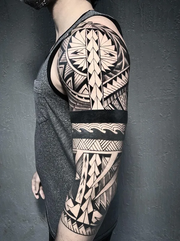 male black and grey tribal tattoo on full sleeve #63981 | Tattoo Artist @javieracero