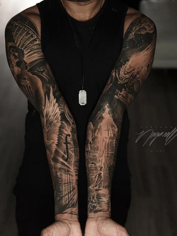 male black and grey realism tattoo on full sleeve #64031 | Tattoo Artist Fabiano Nogarolli