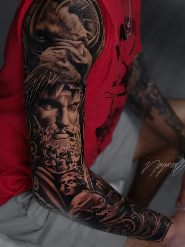 male black and grey realism tattoo on full sleeve #64030 | Tattoo Artist Fabiano Nogarolli