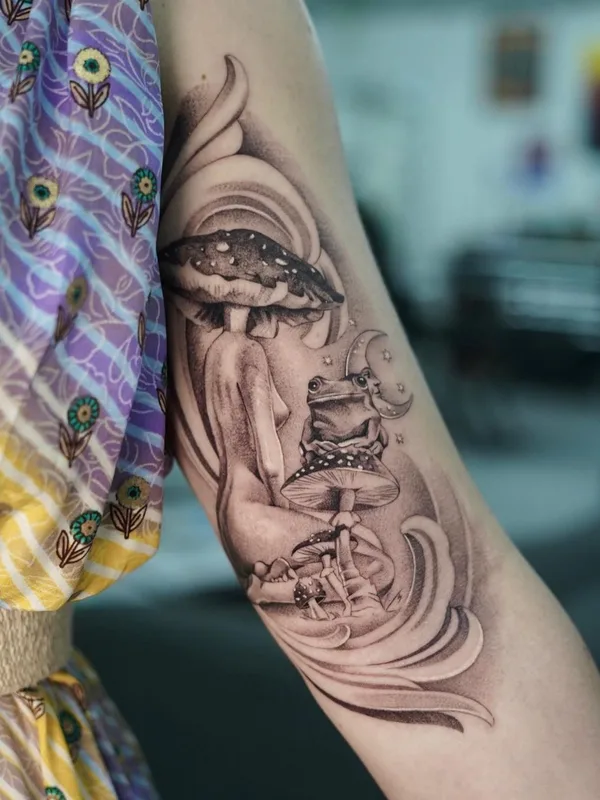 female black and grey illustrative tatouage sur forearm #64066 | Artiste tatoueur Raul Dares