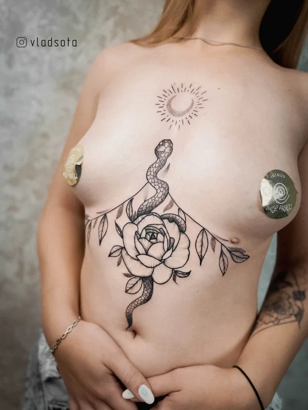 female black linework Tatuaggio su sternum #64949 | Tatuatore Владислав Пермяков