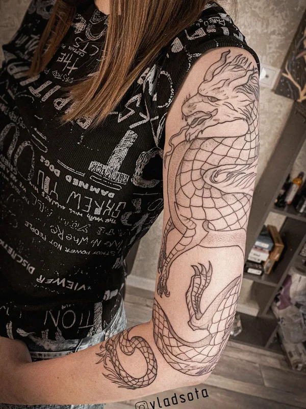female black linework Tatuaggio su full sleeve #64956 | Tatuatore Владислав Пермяков