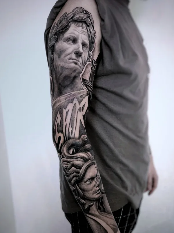 male black and grey realism tattoo auf full sleeve #70126 | Tätowierer Andrey Pavlenko