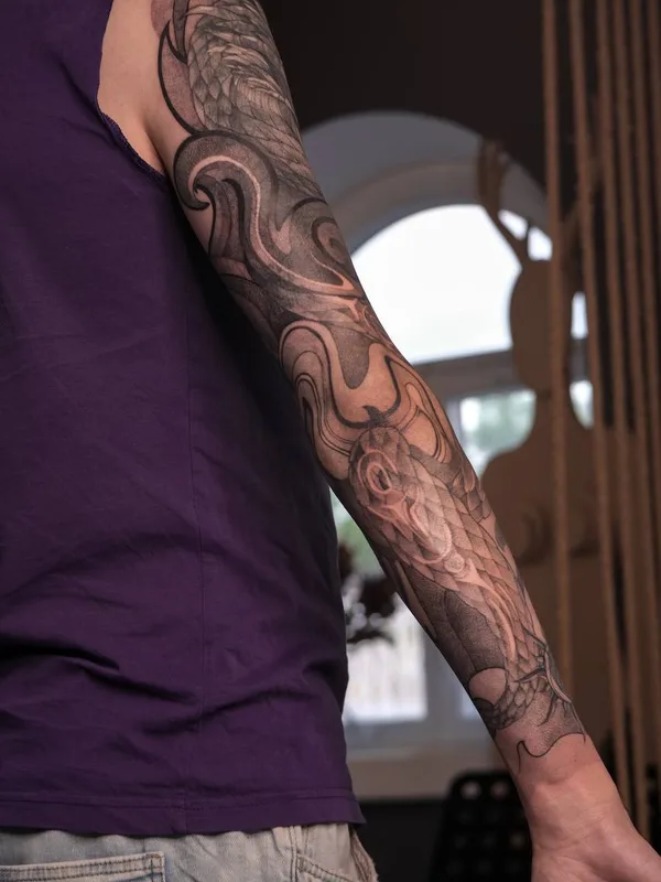 male black and grey blackwork татуировка на full sleeve #70194 | Тату мастер Александра Копина