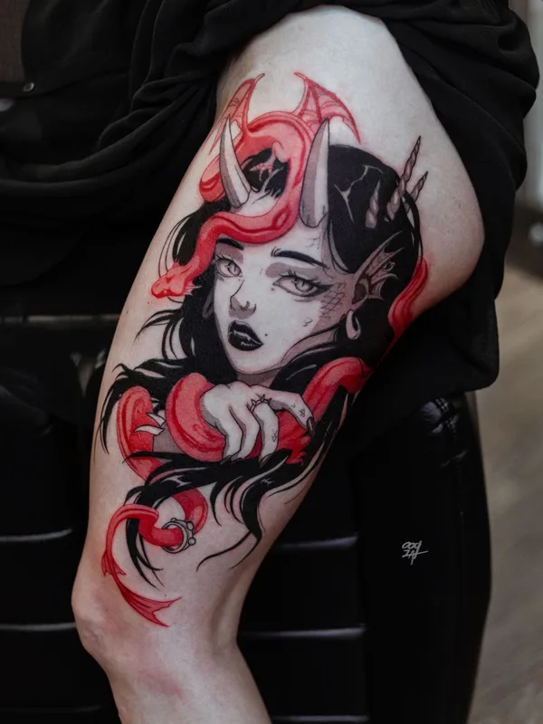 female color illustrative tattoo auf thigh #41179 | Tätowierer Валерия Волохова