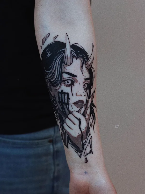 female black and grey illustrative tattoo auf forearm #41176 | Tätowierer Валерия Волохова
