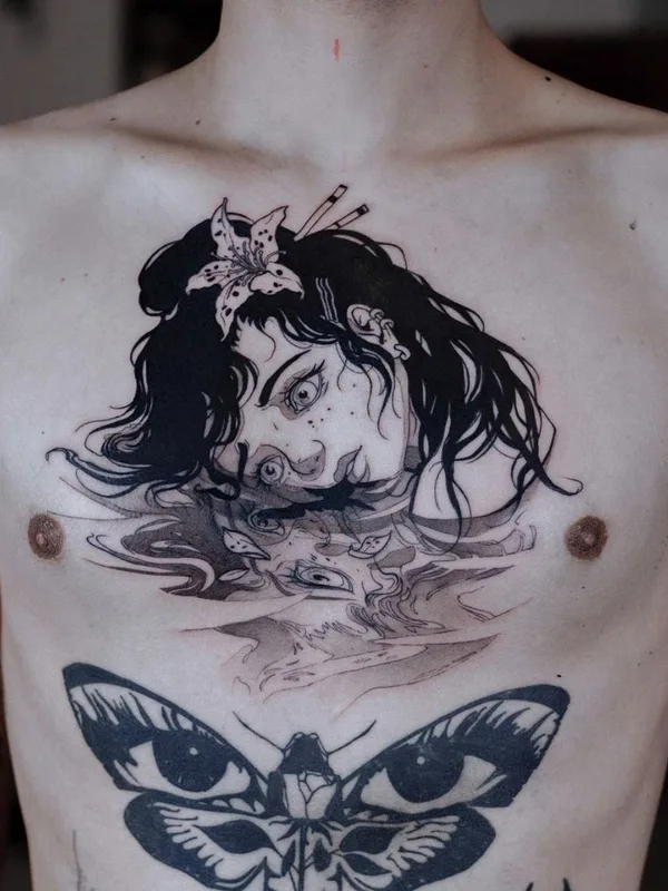 black and grey illustrative tattoo auf chest #41184 | Tätowierer Валерия Волохова