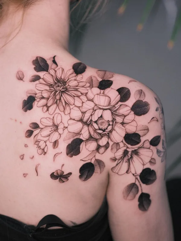 female black and grey botanic татуировка на shoulder blade #58285 | Тату мастер KimBobby