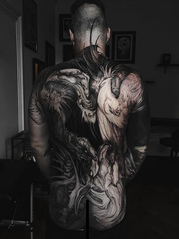 male black and grey blackwork татуировка на full back #59517 | Тату мастер Александра Возякова