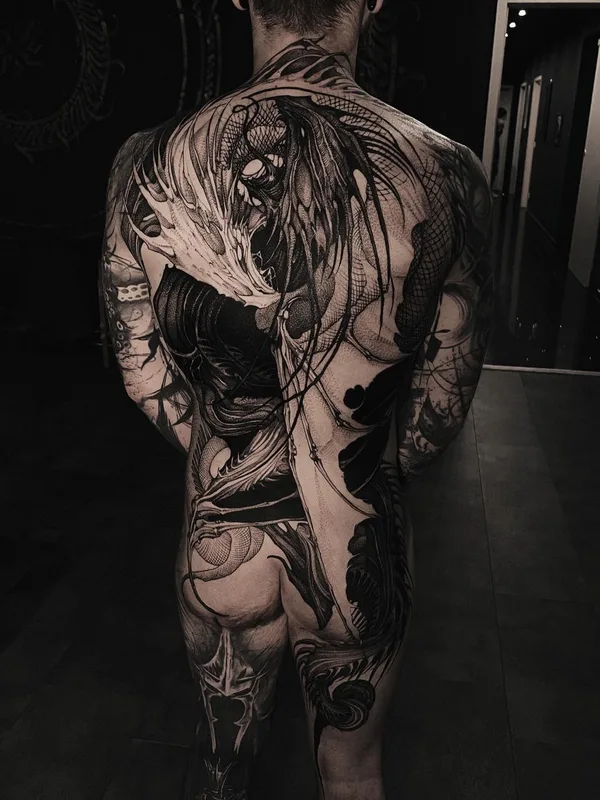 male black and grey blackwork татуировка на full back #59513 | Тату мастер Александра Возякова