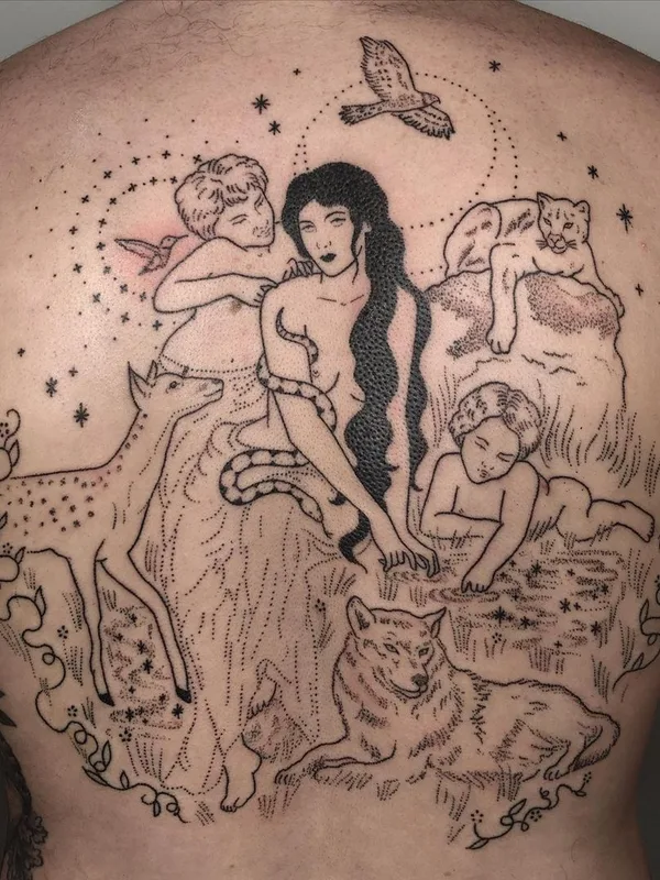 black and grey illustrative tattoo auf full back #44416 | Tätowierer Tati Compton