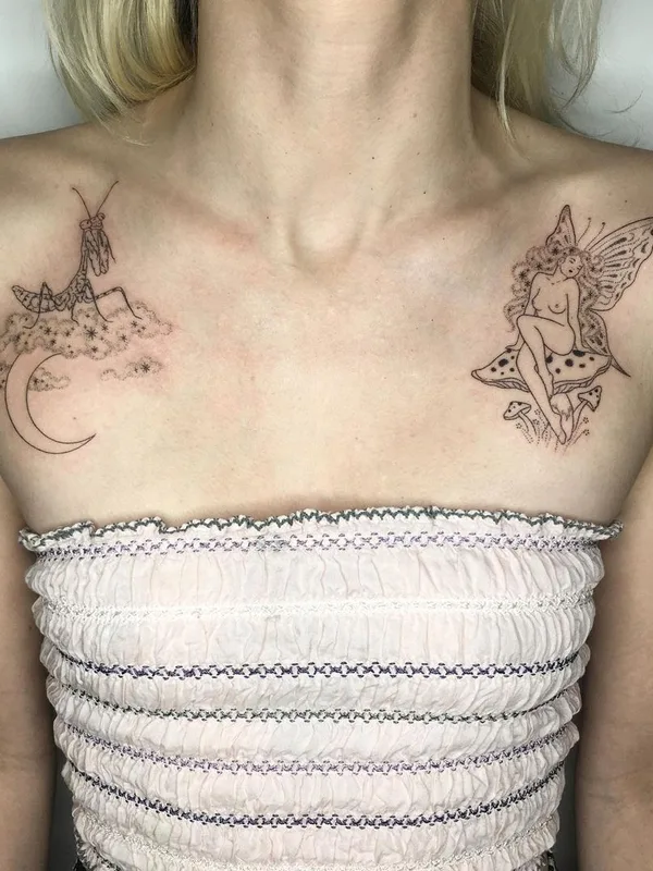 female black fineline tattoo auf chest #44415 | Tätowierer Tati Compton