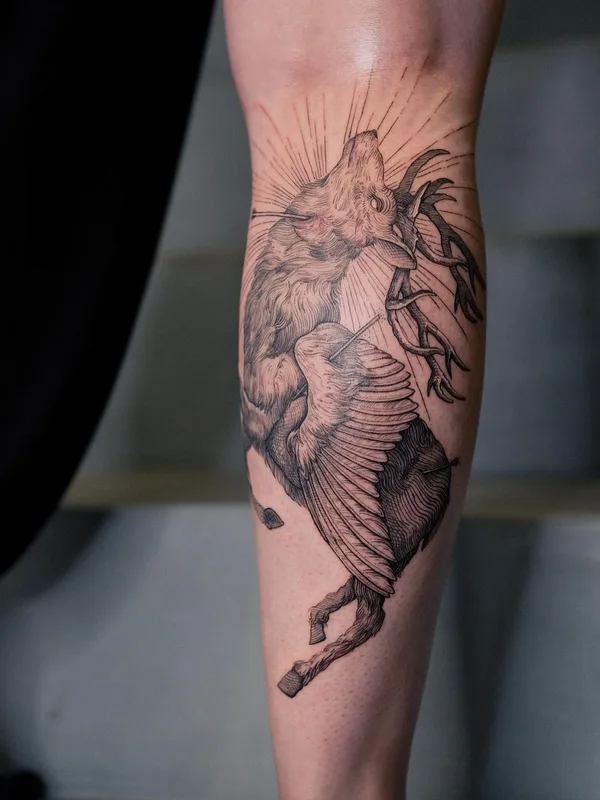black and grey engraving 타투 부위 calf #60059 | 타투이스트 Lescrowtattoo