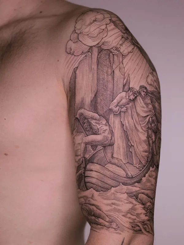 male black and grey engraving 타투 부위 full sleeve #60056 | 타투이스트 Lescrowtattoo