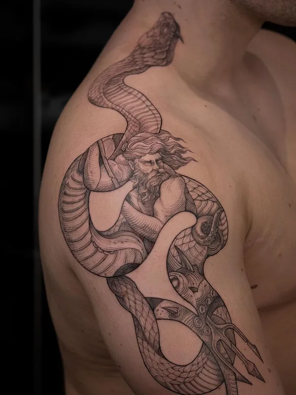 male black and grey linework 타투 부위 shoulder #60060 | 타투이스트 Lescrowtattoo