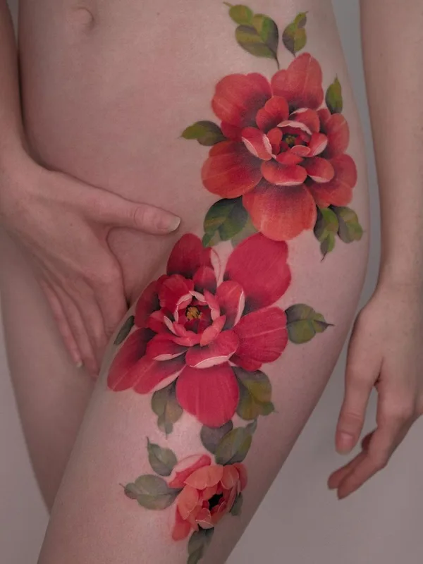 female color watercolor, realism, botanic 타투 부위 thigh #60067 | 타투이스트 Svetlana Ehrt