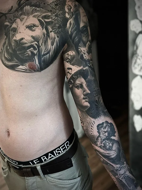 male black and grey realism Tatuaggio su full sleeve #61003 | Tatuatore Ralf Monnerup