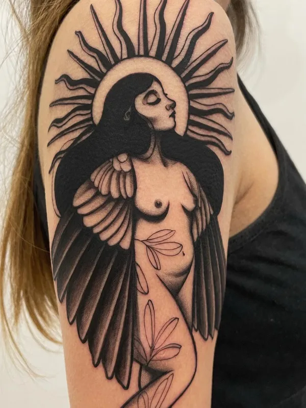 female black and grey blackwork татуировка на upper arm #61013 | Тату мастер Camomila