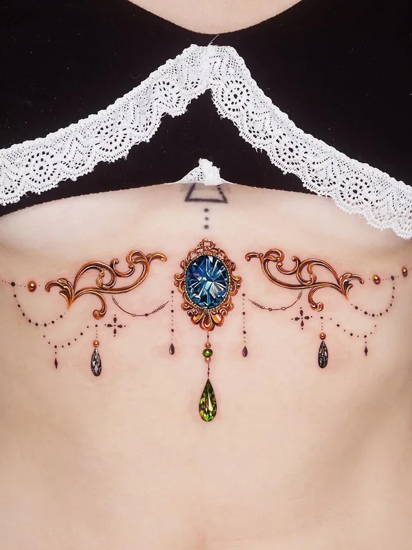 female color ornamental tatuaje en sternum #61034 | Tatuador Tattooist Jooa