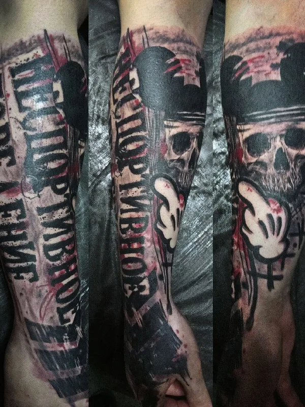 black and grey trash polka tattoo auf forearm #64091 | Tätowierer BUFFOON-TATTOO studio
