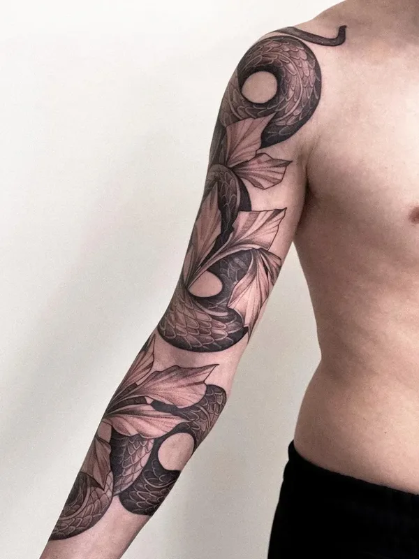 male black and grey black and grey tattoo on full sleeve #39516 | Tattoo Artist Алена Зозуленко