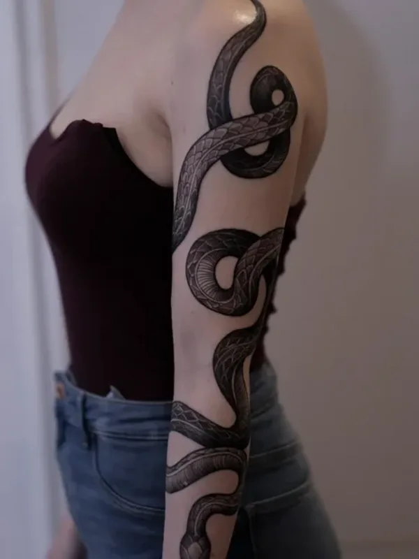 female black and grey blackwork tattoo on full sleeve #39510 | Tattoo Artist Алена Зозуленко
