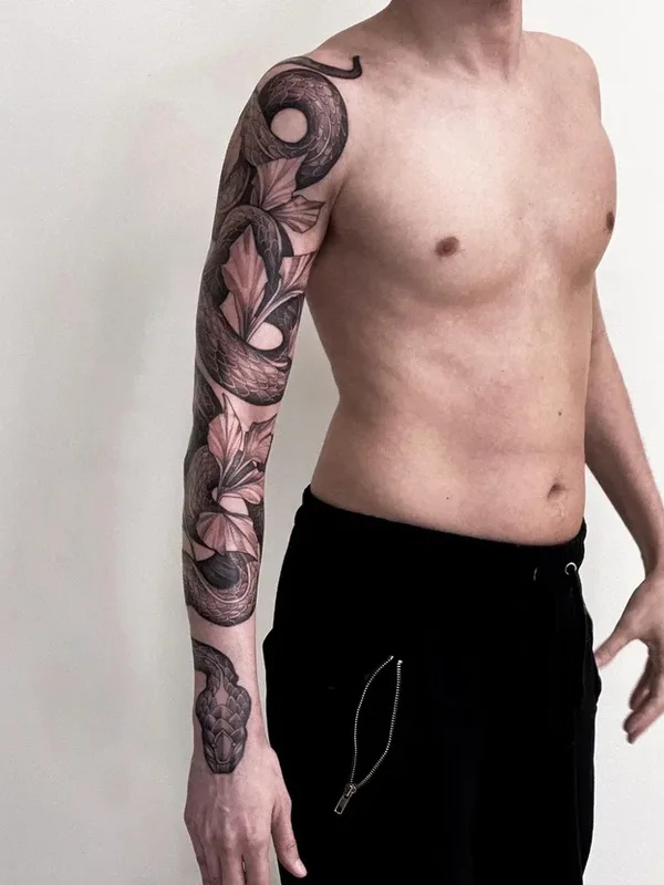 male black and grey black and grey tattoo on full sleeve #39514 | Tattoo Artist Алена Зозуленко