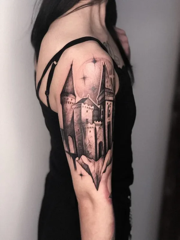 female black and grey realism tattoo on upper arm #39511 | Tattoo Artist Алена Зозуленко