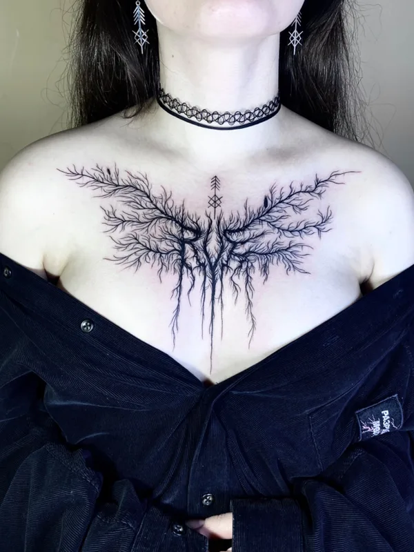 female black linework татуировка на chest #70425 | Тату мастер Лика Лесова