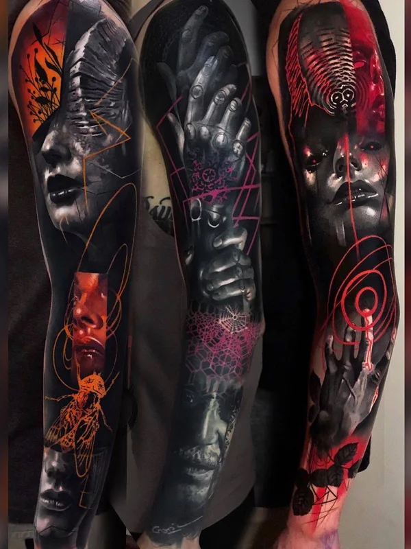 black and grey surrealism tattoo on full sleeve #34362 | Tattoo Artist Waler Montero