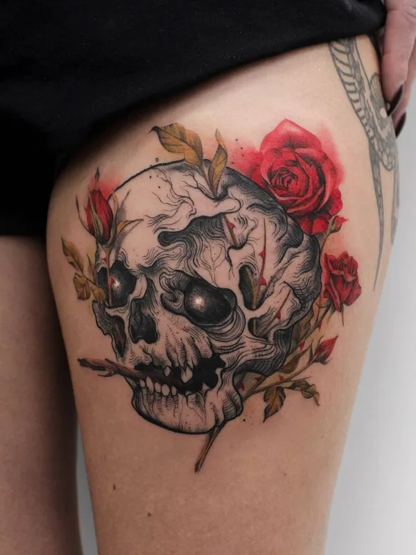 female color black and grey татуировка на thigh #27876 | Тату мастер Deborah Genchi