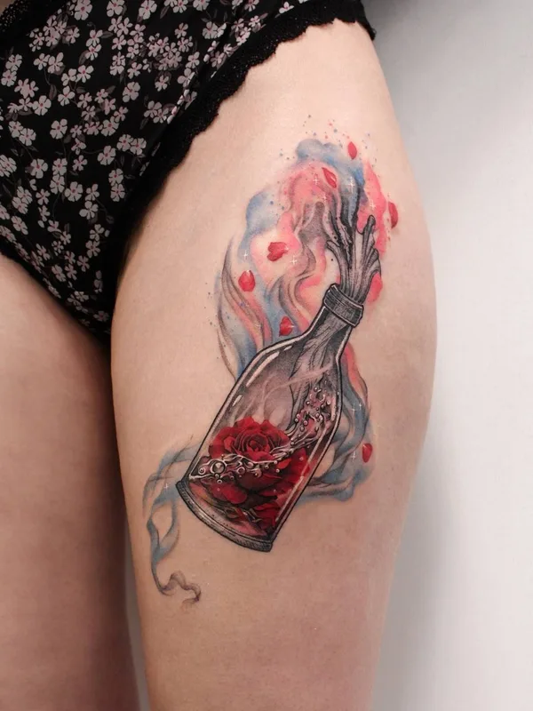 female color watercolor татуировка на thigh #27882 | Тату мастер Deborah Genchi