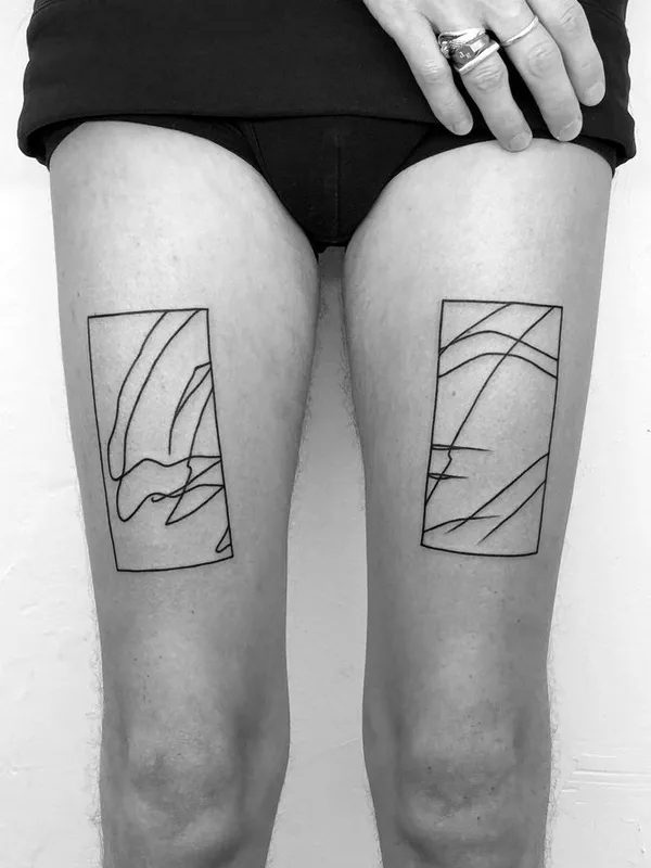 men, female black abstract, linework, geometric татуировка на leg #64122 | Тату мастер crooked_gun