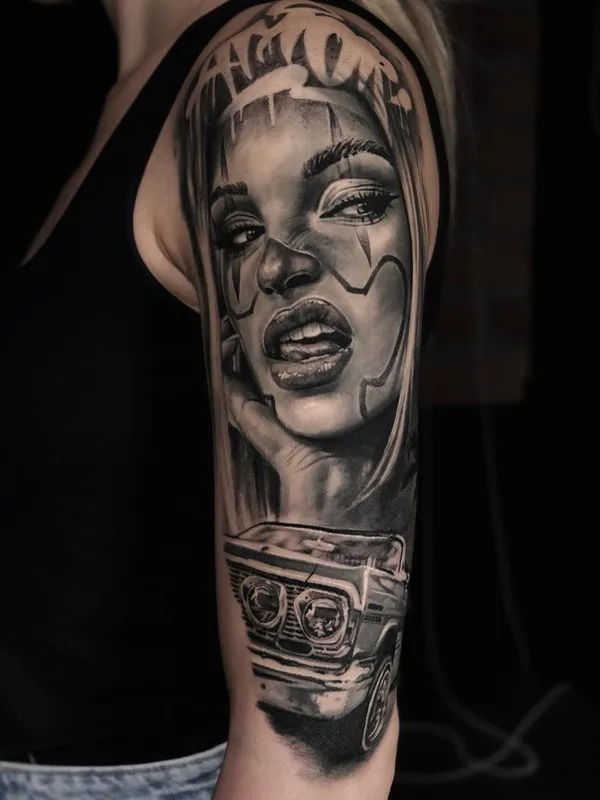 female black and grey black and grey татуировка на full sleeve #64131 | Тату мастер Тимур Румит