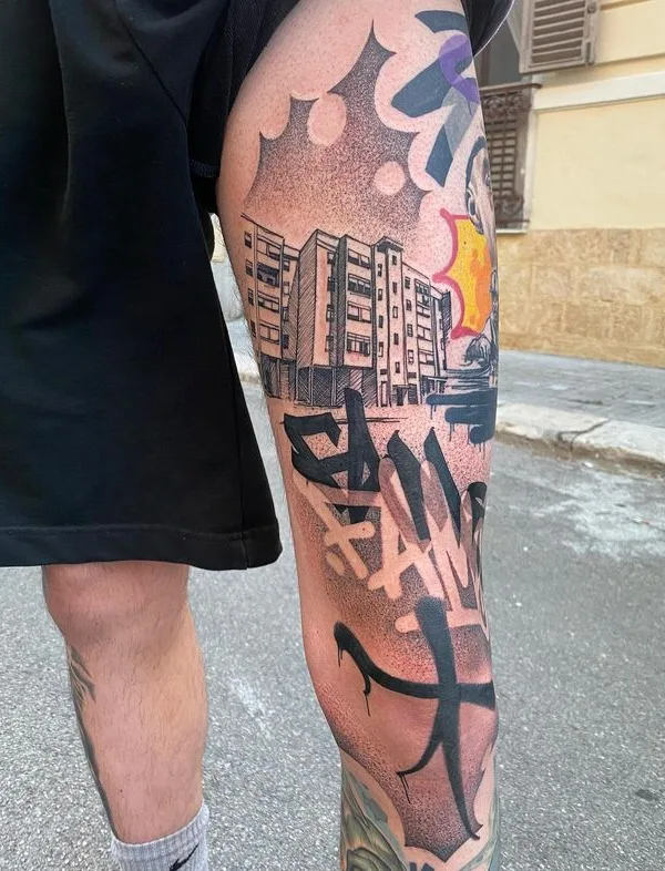 black and grey sketch tatuaje en thigh #64153 | Tatuador Stefano Phen