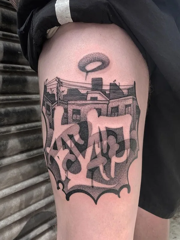 black and grey blackwork tatuaje en thigh #64152 | Tatuador Stefano Phen