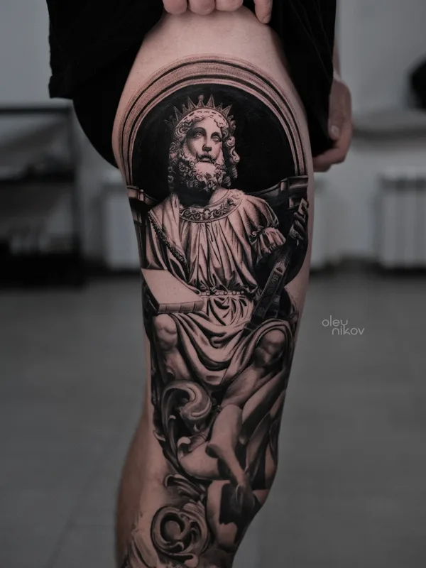 black and grey realism татуировка на thigh #64167 | Тату мастер Влад Олейников