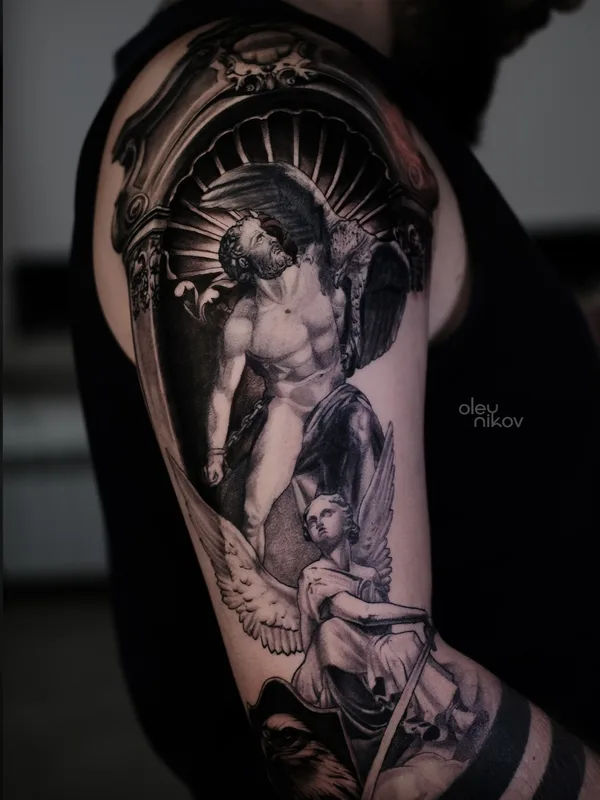black and grey realism татуировка на full sleeve #64168 | Тату мастер Влад Олейников