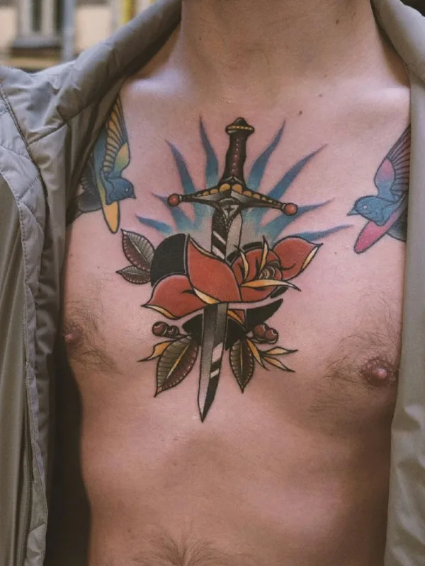 male color traditional tattoo auf chest #65002 | Tätowierer sorrow tattoer