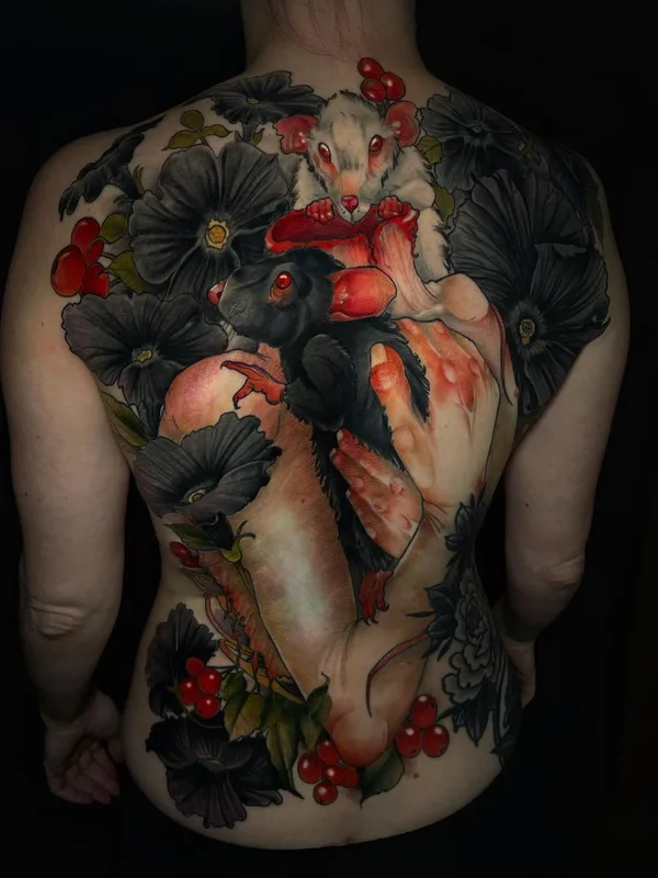 female color illustrative tattoo on full back #39230 | Tattoo Artist Shae Motz