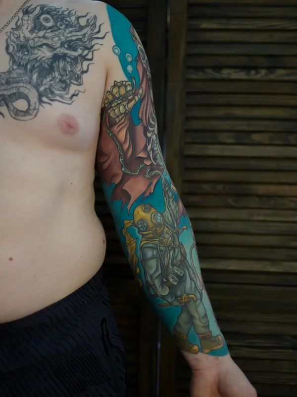 male color illustrative tattoo auf full sleeve #53539 | Tätowierer Anny Lorylin